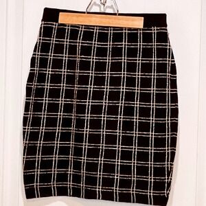 Vintage St John brown white stitched plaid pencil skirt stretch waist knit sz 2